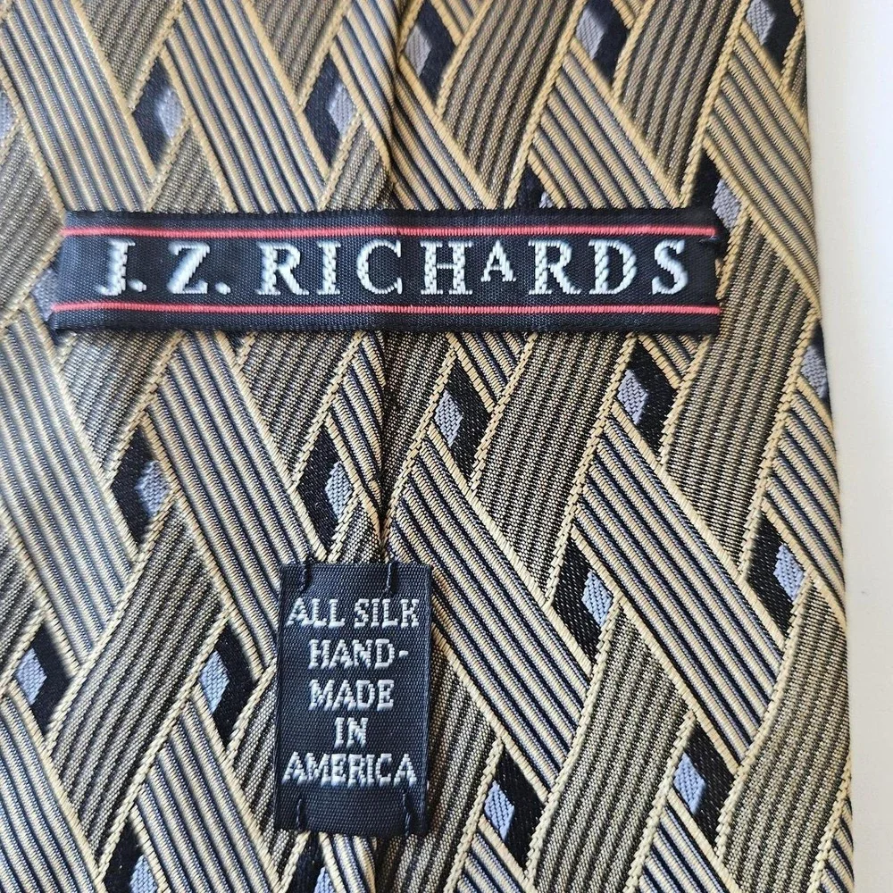 J.Z. Richards Mens 100% Silk Tie Black Gold Geometric Designer Made USA